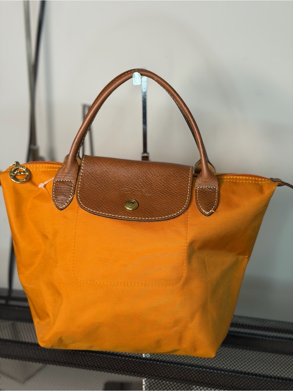 Longchamp Le Pliage Small Tote Orange Nylon Leather Authentic Made in France